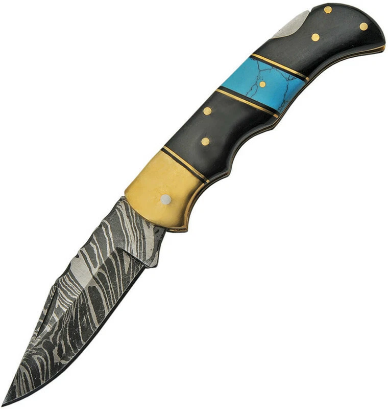 Damascus Turquoise Lockback Horn Folding Knife Pocket Folder Dm-1215