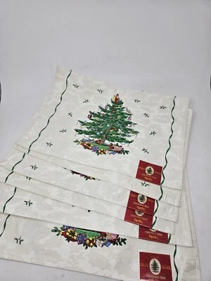 Vintage Spode Christmas Tree Fabric 6 Piece Placemat Set White Large Table - Image 1 of 4