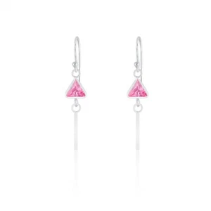 925 Sterling Silver Pink Triangle CZ Zirconia Bar Dangle Drop Earrings Hook - Foto 1 di 2