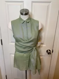 Akris Punto Green Blue Shimmer Long Button-Up Tank Top W/ Tie, Size 8 - Picture 1 of 5
