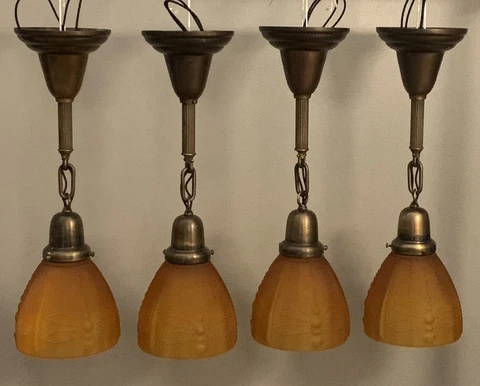 18” Four 4 Brass Pendant Lights Rare Amber Shades 30E Cover
