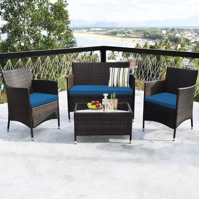 Patiojoy 4PCS Rattan Patio Furniture Set Cushioned Sofa Chair Coffee Table - Image 1 of 4