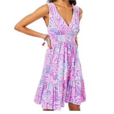 Lilly Pulitzer XS Pink Blue Sleeveless Smocked Ruffle Hem Dress - Image 1 of 4