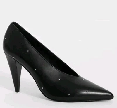 Zapatos AllSaints para mujer negros 6M Adrianna de cuero con tachuelas tacón alto pump court Foto 1 de 4