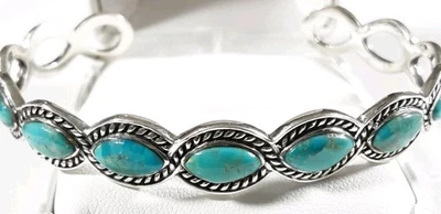 925 STERLING SILVER BRAIDED 7 STONES TURQUOISE 5 1/2" BRACELET 13.1g - Image 1 of 4