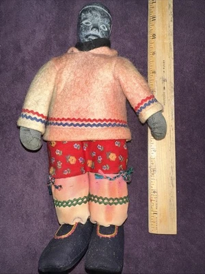 Vintage Native Eskimo HANDMADE Doll Carved Soapstone Head fur wool 11” - Image 1 of 4