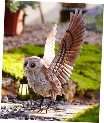  Статуя садовой совы для дворового искусства: металлические уличные скульптуры с солнечным фонарем  - Изображение 1 из 4