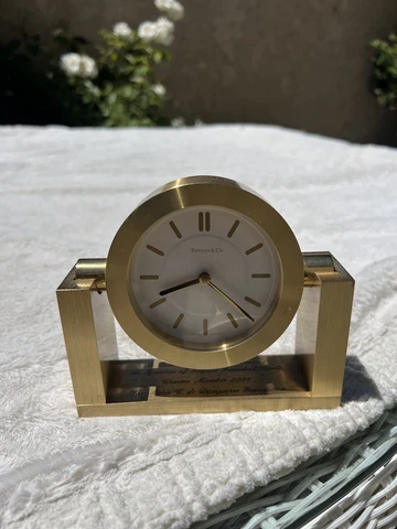 *untested* Vintage Tiffany & Co Brass Swivel Swiss Quartz Desk Clock Engraved Cover