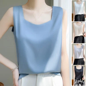 2023 Women Summer Silk Satin Tops Tank Sleeveless Camisole V-Neck T-shirt Blouse - Picture 1 of 21