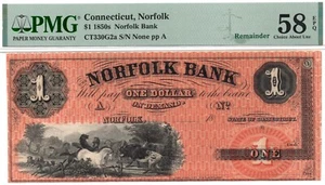 1850s $1 Norfolk Bank, Connecticut Obsolete Note - PMG AU58 EPQ! Lovely & Rare! - Picture 1 of 4