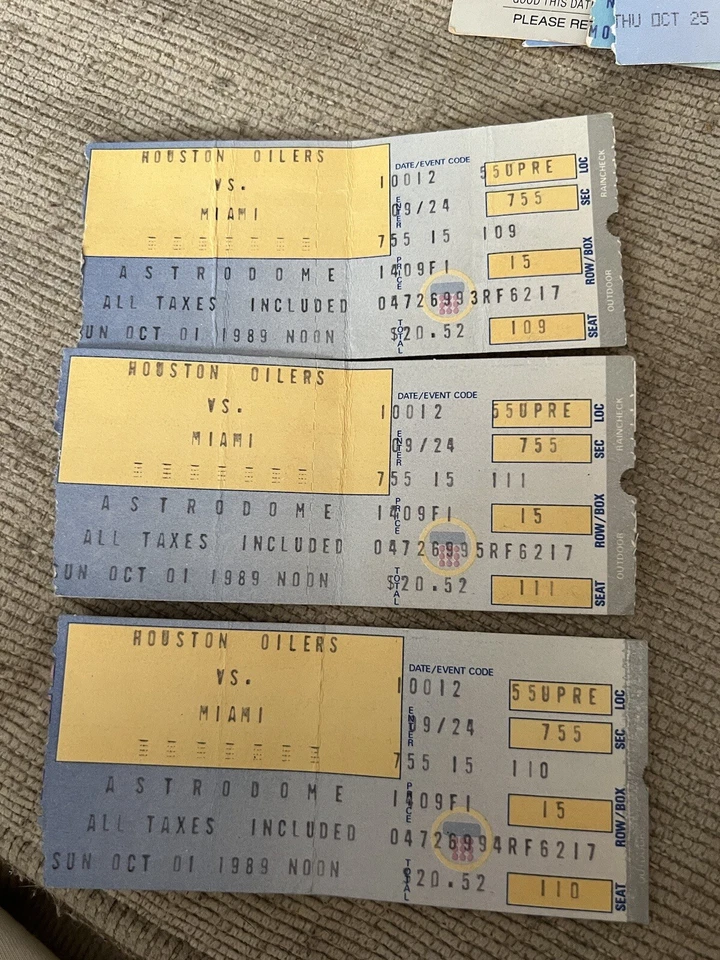 1989 Miami Dolphins VS Houston Oilers Ticket Stub - Image 1 of 1