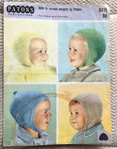 VINTAGE PATONS PATTERN 9415 FOR BABY HATS IN VARIOUS WEIGHTS ~ UP TO 18 MTHS - Picture 1 of 4