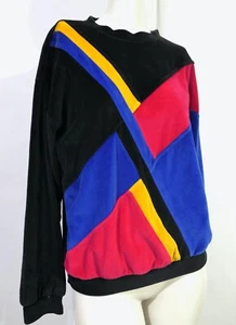 Vintage 80er Jahre lebendiger Farbblock Baumwolle Samt Pullover Top M - Bild 1 von 3