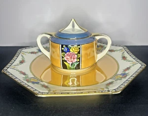 Art Deco Czech Lusterware Covered Chip & Dip Set Mustard Blue Floral 1930s - Picture 1 of 13