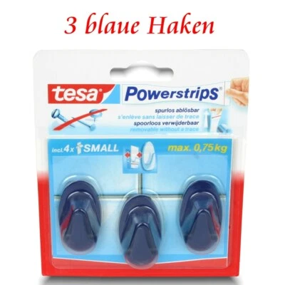 tesa Powerstrips® Haken - Selbstklebend o. Bohren - 3 ovale Klebehaken - blau  - Bild 1 von 4