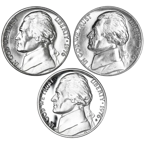 1976 P D S Jefferson Nickel Year Set Proof & BU US 3 Coin Lot Cover