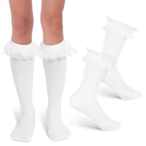 2 Pairs Lace Bow Socks White Thigh Stockings with Woman Frilly Women - Picture 1 of 11