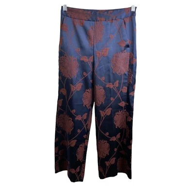 Zara Women's Flowy Navy Burgundy Jacquard Wide Leg Ankle Pants Size XS Boho - Image 1 of 4