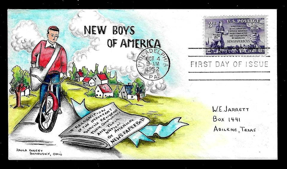 1015 3c Stamp (1952) NEWSPAPER BOYS FDC - HD/HP BY PAULA BOGERT (SPELLING ERROR) - Image 1 of 1