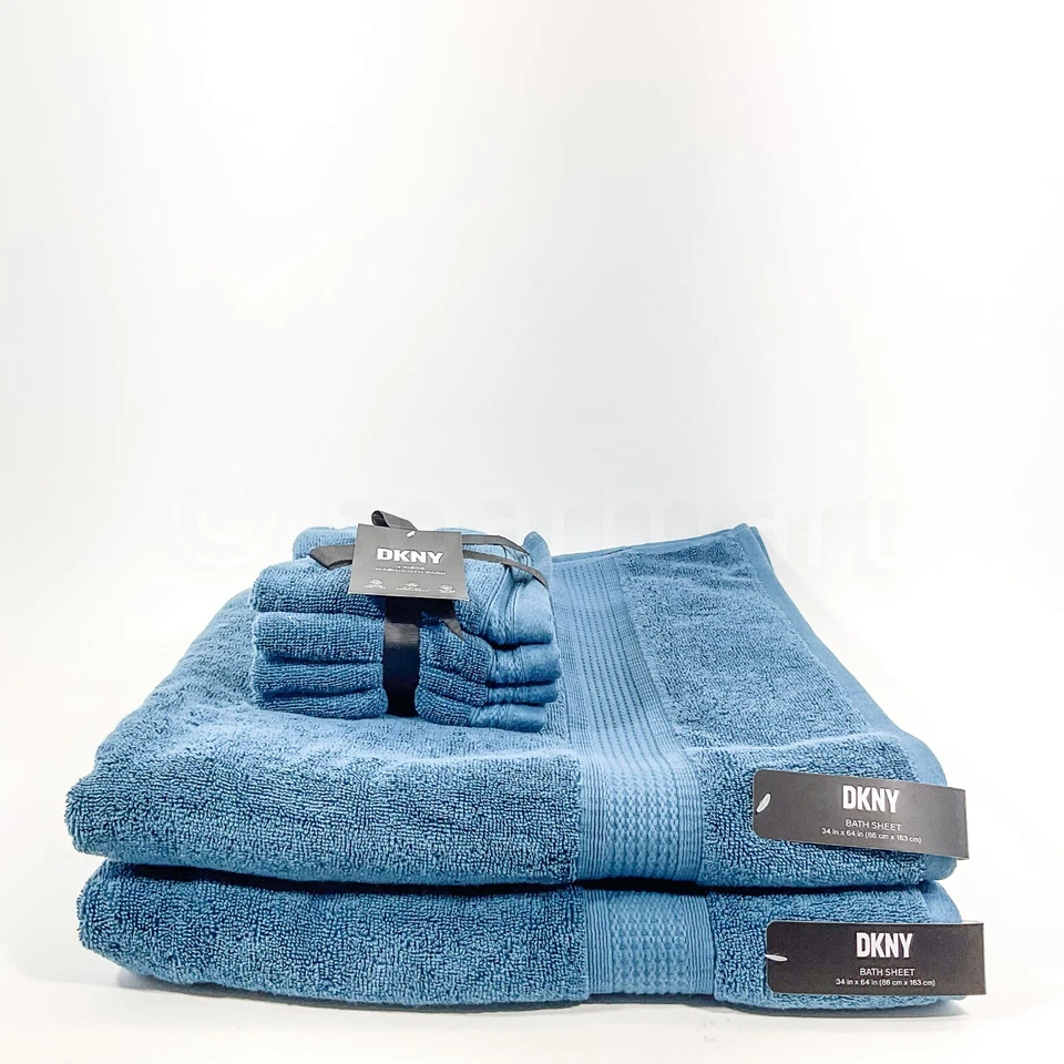 DKNY Oversize 34" x64" (2) Bath Sheets  (4) Wash 6Pc Blue 100% Cotton Towels New - Image 1 of 4