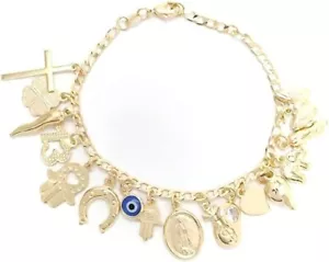 14k gold plated charm bracelet.Italian horn,evil eye,lucky 13, money bag,etc - Picture 1 of 7