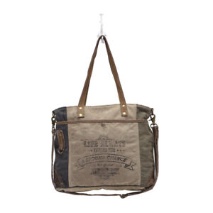 LIFE ALWAYS OFFERS YOU A SECOND CHANCE Large Canvas Shoulder Bag in Brown/Blk