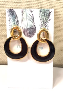 Monet Gold Tone Door Knocker Black Enamel Pierced Earrings Lot 15 - Picture 1 of 2