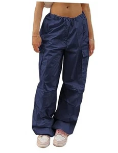 Parachute Pants for Women Elastic Waistline Drawstring Cargo Small D Dark Blue - Picture 1 of 7