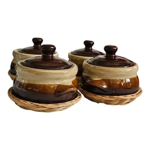 Bean Soup Individual Crocks Ceramic With Lids Coasters Brown Stoneware Hi Mark - Picture 1 of 7