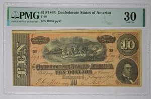 $10 1864 T-68 Richmond Virginia Confederate States of America Very Fine 30 PMG - Picture 1 of 2