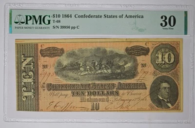 $10 1864 T-68 Richmond Virginia Confederate States of America Very Fine 30 PMG - Image 1 of 2