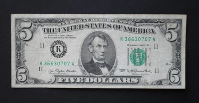 1977  $5 Dallas Federal Reserve Note/F-1974K/light circulation/FREE SHIPPING! - Image 1 of 4