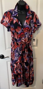 NWT ROBBIE BEE DRESS 16 PURPLE CORAL BUTTON UP MIDI W/ TIE BELT FIT FLARE BLACK - Picture 1 of 6