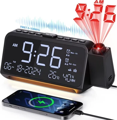 Mesqool Alarm Clock Radio with Projector, Digital FM White  - Image 1 of 4