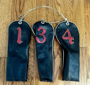 Antik/Vintage schwarz mit roten Ledernähten Golfschläger Headcover 3er Set (1-3-4) - Bild 1 von 6