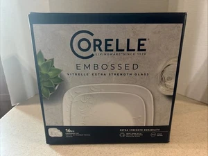 CORELLE LIVINGWARE VITRELLE EMBOSSED " CHERISH "  16 PC. SQUARE  DINNERWARE  NEW - Picture 1 of 11
