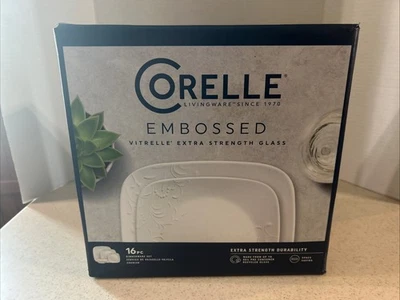 CORELLE LIVINGWARE VITRELLE EN RELIEVE "CHERISH" 16 PIEZAS. VAJILLA CUADRADA NUEVA Foto 1 de 4