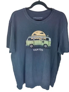 Life is Good T Shirt Crusher SZ Large Blue Surf Bus Outlook Mostly Sunny VW Van - Picture 1 of 7