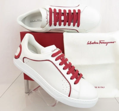 NUEVO EN CAJA ZAPATILLAS FERRAGAMO MANHATTAN CUERO BLANCO ROJO LOGOTIPO GANCINI 10.5 M ITALIA Foto 1 de 4