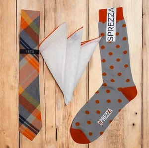 Mens Orange Plaid Tie BUNDLE LOT Cotton Linen Pocket Square & Socks 2.5 Necktie - Picture 1 of 9