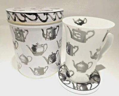 PAUL CARDEW Antique Pewter Teapots Mug & Coaster Set Black And White Cup Tin Can - Image 1 of 4