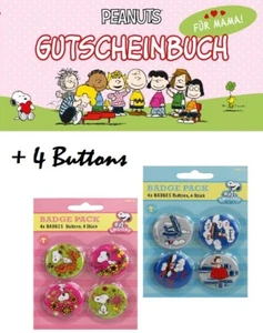 Geschenk für Mama Peanuts Gutscheinbuch mit 4 Snoopy Buttons Geschenkset NEU ♥ - Bild 1 von 3
