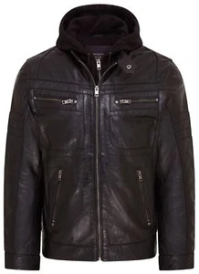 Mens Hooded Black Biker Jacket Racing Leather with removable Hood - Picture 1 of 6
