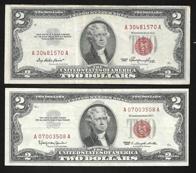 US - $2.00 Pair - 1953 & 1963 Notes (Red Seals) VF - Image 1 of 2