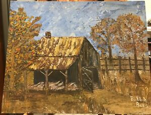 VTG Oil Painting 20x16 Board  Cabin Trees Sky Wonderful Impressionist Bobby Boes