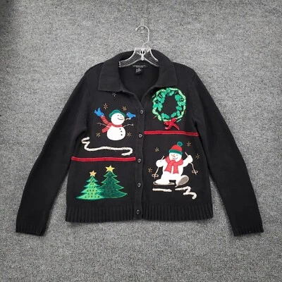 Reference Point Cardigan 女式 PM 中号娇小黑色丑陋毛衣圣诞节 — 第 1/4 张图片