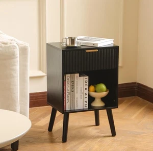 Black Fluted Nightstand, Modern Bedside Table with Drawer and Opening Storage... - Picture 1 of 7