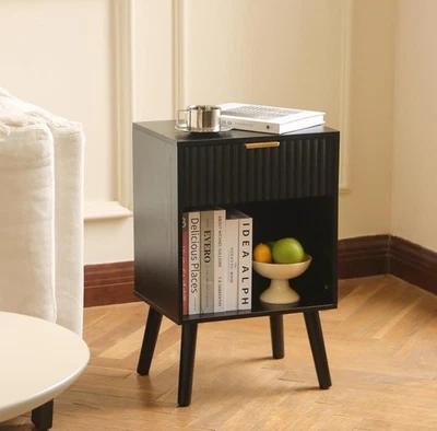Black Fluted Nightstand, Modern Bedside Table with Drawer and Opening Storage... - Image 1 of 4
