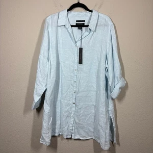 Tahari Essentials 2X Roll Tab Sleeves Linen Tunic Shirt Light Blue Button Up - Picture 1 of 9