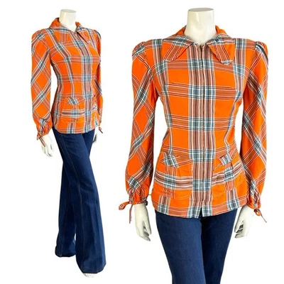 VTG 70S ORANGE BLUE BLACK PLAID DOG EAR COLLAR MOD PUNK ZIP UP SHIRT 12 14 M - Image 1 of 4